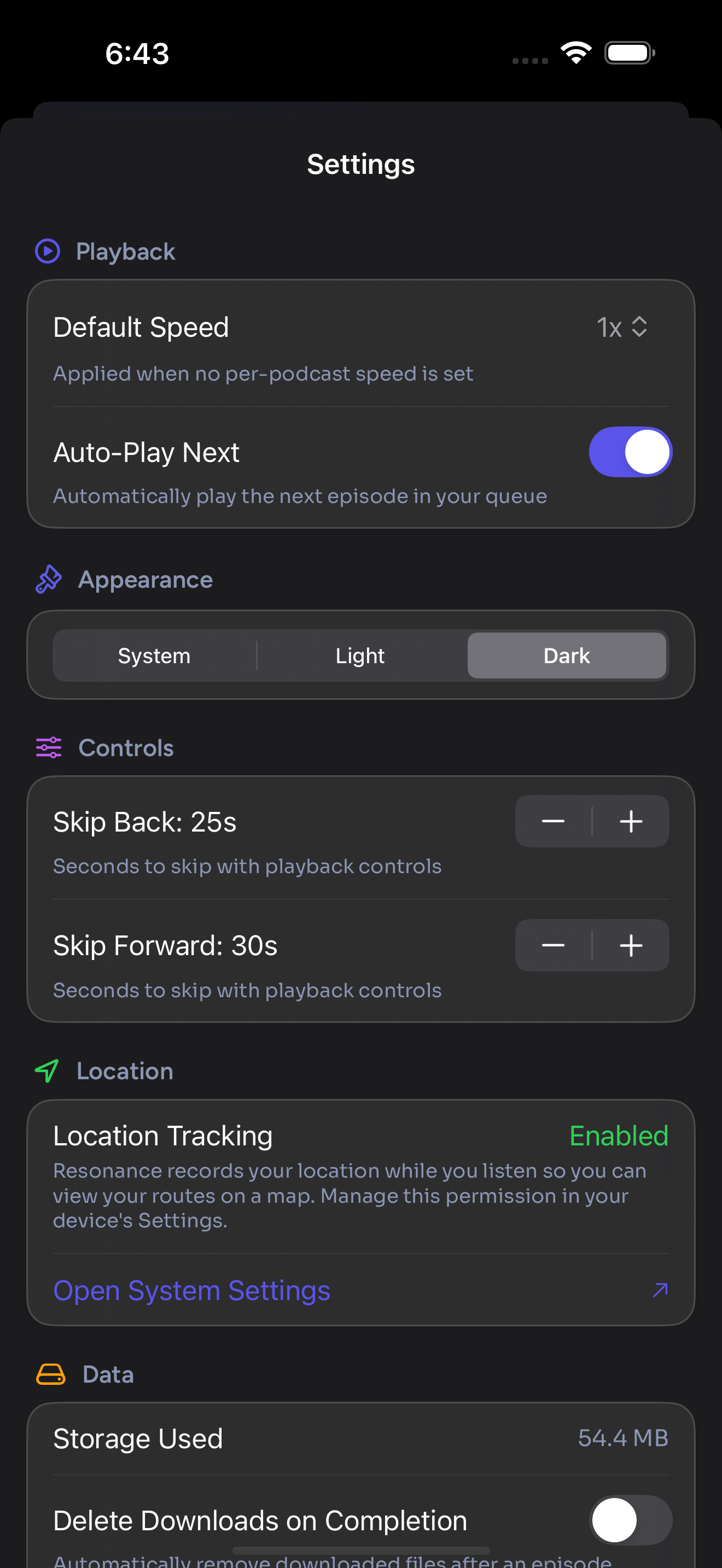 Resonance settings view